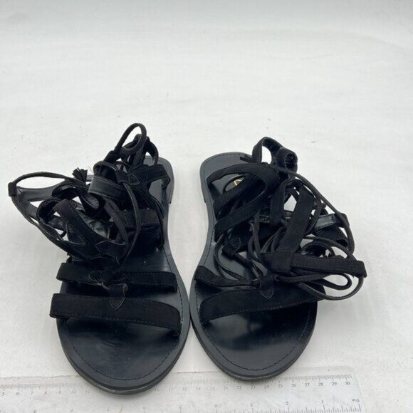 YDN Black Knee High Lace up Flats Fringe Low Heel Gladiator Strap Sandals Shoe - Picture 3 of 8